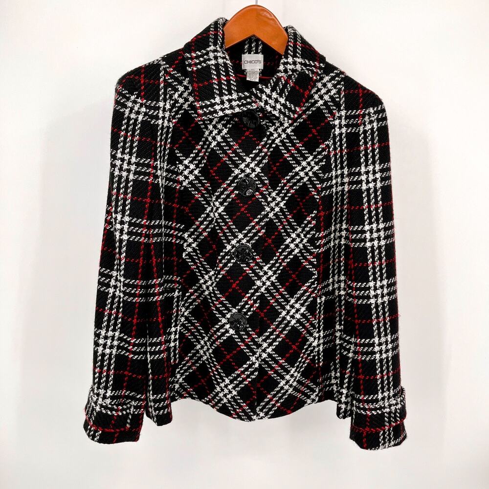 Chico’s Size XL (3) Wome'ns Plaid Jacket Black White Red Classic Button Coat